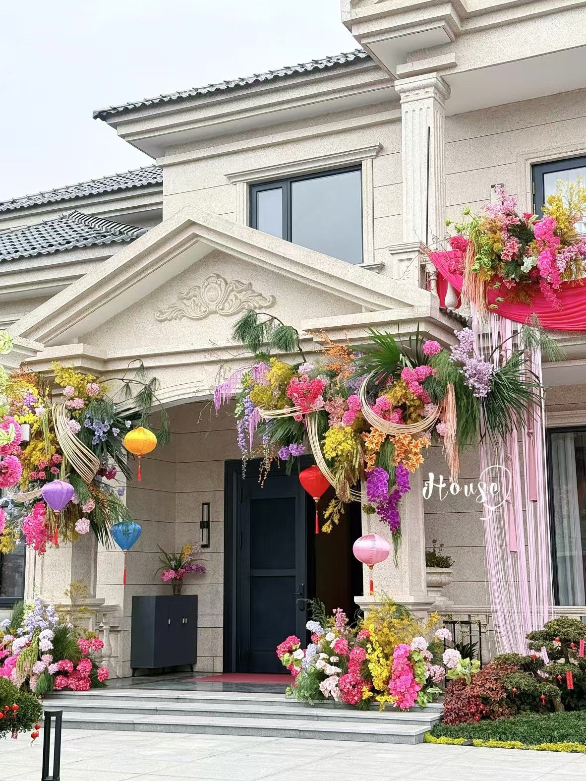 Pink commercial entrance flowers